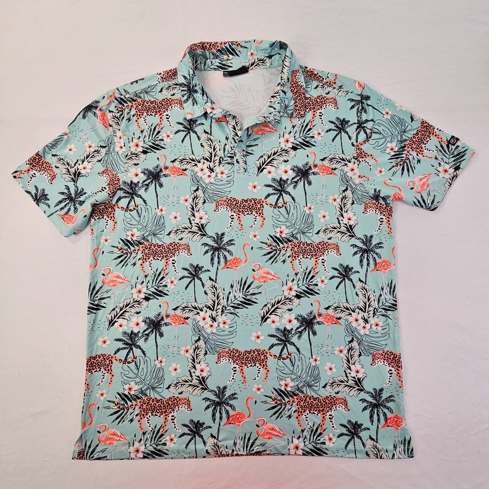 GreenSide Golf African Oasis Polo Shirt Mens XXL Tropical Flamingo Leopard